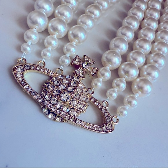 NWOT Elegant Triple Strand Pearl Necklace w Crystal Orb/Cross - Picture 3 of 4